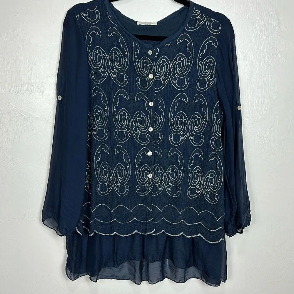 Belle France Silk Blend Embroidered Button Front Long Sleeve Top Blouse Size M